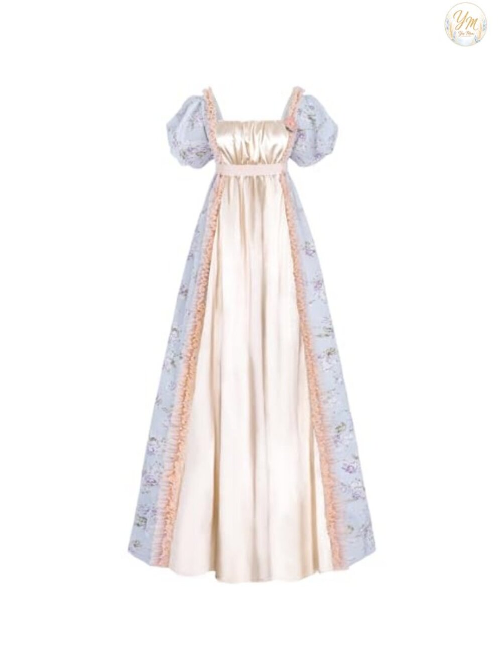Regency Dress Empire Waist Satin Gown Ruffled High Neck Puff Sleeve